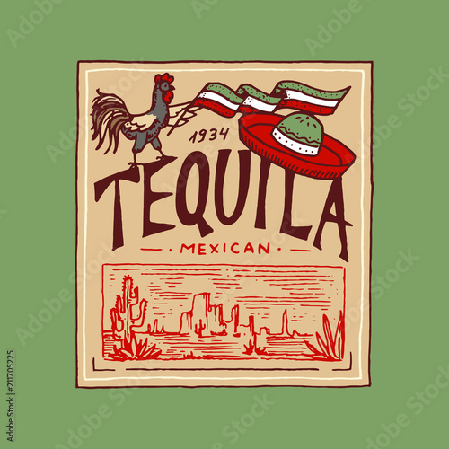 Vintage tequila label badge with vineyard. Alcohol logo with calligraphic element. Frame for poster banner. Emblem sticker Hand drawn engraved lettering for t-shirt.