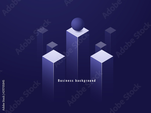 Business minimalism concept, data flow, futuristic illustration, columns isometric dark vector