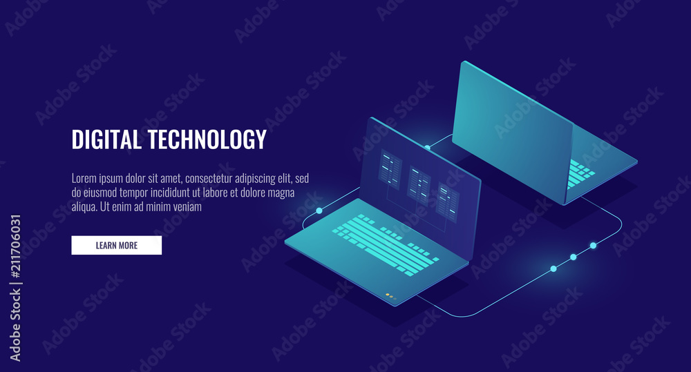 Two laptop computer exchanging data, data encryption, protected connection concept isometric