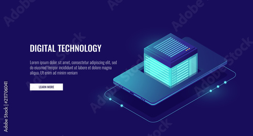 Mobile phone application and cloud data storage, personal data protection, digital safe with data, install software, server room isometric