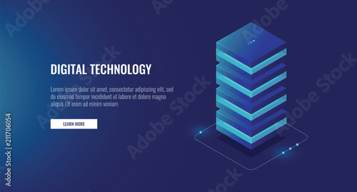 Web hosting icon, data processing unit isometric, database server room