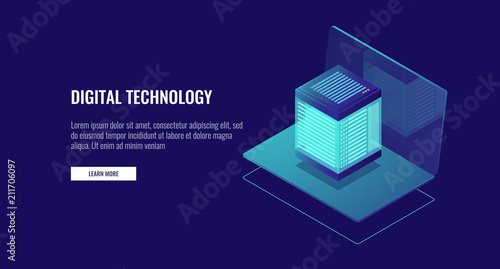 Laptop with database icon, cloud data storage, web hosting, server room
