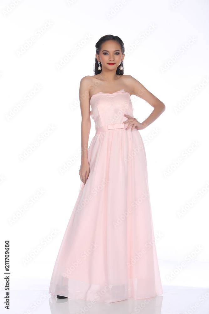 Evening Gown Ball Dress in Asian beautiful woman with fashion make up black hair, High Heel shoes Evening Gown Ball Dress in Asian beautiful woman with fashion make up black hair, High Heel shoes