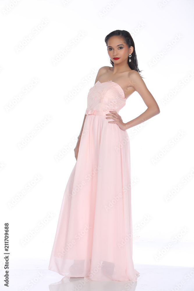 Evening Gown Ball Dress in Asian beautiful woman with fashion make up black hair, High Heel shoes Evening Gown Ball Dress in Asian beautiful woman with fashion make up black hair, High Heel shoes