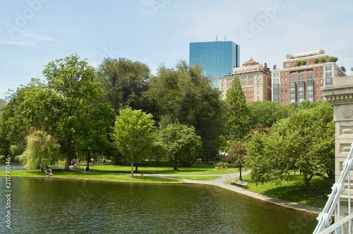 Views of Boston's scenic skyline in Boston Massachusetts from the Boston Public Park. 