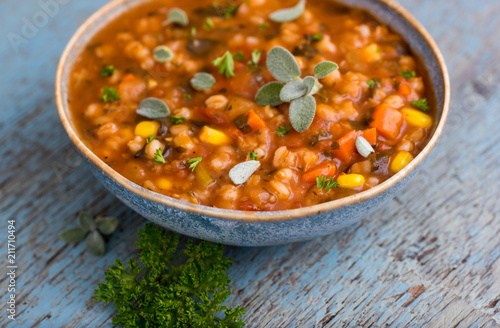 Hearty Bean Mix Soup in Blue Bowl