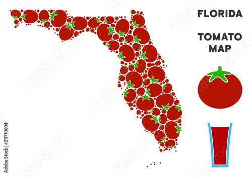 Florida map collage of tomato in variable sizes. Vector tomato vegetable elements are grouped into Florida map mosaic. Vegetable vector design concept with juice glass.