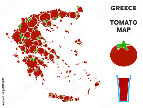 Greece map composition of tomato in various sizes. Vector tomatoes objects are combined into Greece map composition. Natural vector design concept with juice glass.