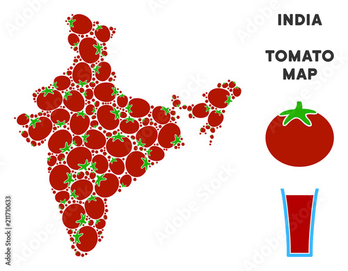 India map collage of tomato in various sizes. Vector tomato vegetable elements are combined into India map illustration. Organic vector illustration with juice glass.