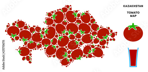 Kazakhstan map mosaic of tomato vegetables in different sizes. Vector tomato vegetable symbols are organized into Kazakhstan map mosaic. Natural vector illustration with juice glass.