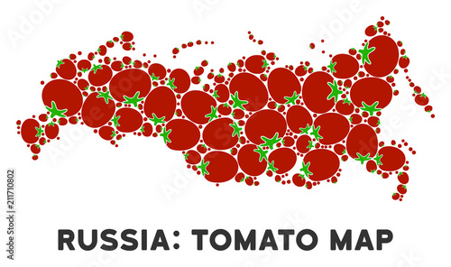 Russia map mosaic of tomato vegetables in various sizes. Vector tomato vegetable objects are grouped into Russia map composition. Vegetable vector illustration with juice glass.