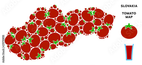 Slovakia map mosaic of tomato in different sizes. Vector tomato vegetable elements are combined into Slovakia map mosaic. Diet vector illustration with juice glass.