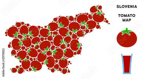Slovenia map composition of tomato in various sizes. Vector tomato vegetable elements are united into Slovenia map composition. Vegetable vector design concept with juice glass.