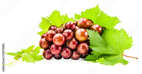 bunch of fresh grapes with leaves and water drops isolated on white with clipping path