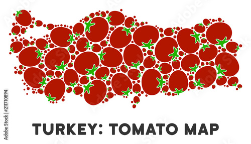 Turkey map collage of tomato in variable sizes. Vector tomato elements are organized into Turkey map composition. Vegan vector illustration with juice glass.