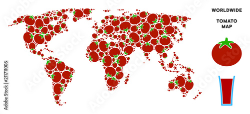 World map collage of tomato in different sizes. Vector tomato vegetable symbols are combined into world map collage. Tomatoes vector design concept with juice glass.