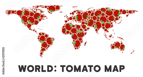 World map composition of tomato vegetables in different sizes. Vector tomato items are composed into world map composition. Organic vector design concept with juice glass.