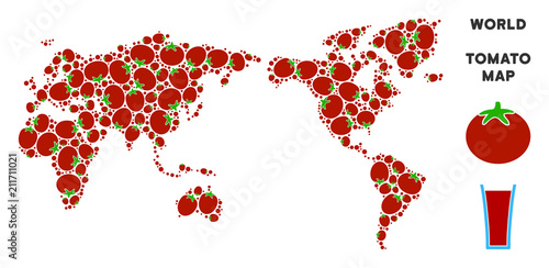 World map mosaic of tomato vegetables in various sizes. Vector tomatoes elements are combined into world map illustration. Tomatoes vector illustration with juice glass.