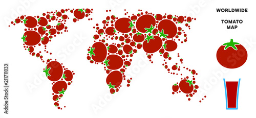 World map collage of tomato vegetables in variable sizes. Vector tomatoes objects are organized into world map illustration. Tomatoes vector illustration with juice glass.