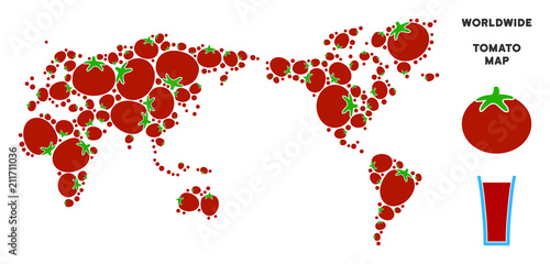 World map mosaic of tomatoes in variable sizes. Vector tomatoes items are combined into world map mosaic. Organic vector design concept with juice glass.