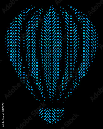 Halftone Aerostat mosaic icon of spheres in blue color tinges on a black background. Vector bubble spheres are organized into aerostat illustration.