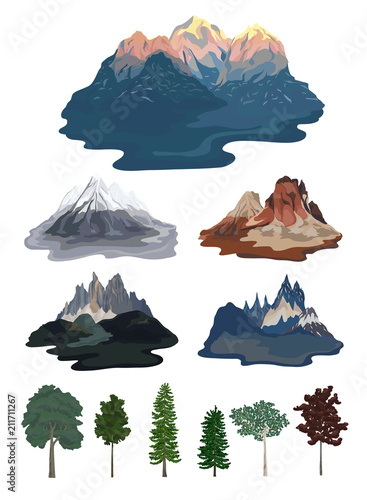 Collection of mountain and tree illustrations
