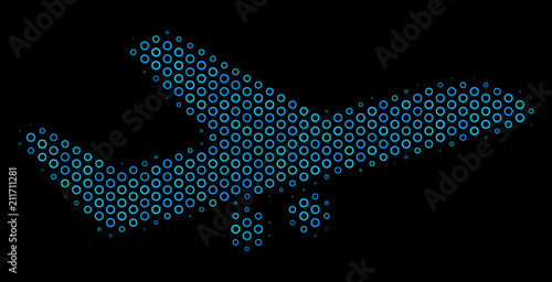 Halftone Aiplane collage icon of circle bubbles in blue color tints on a black background. Vector circle items are united into aiplane mosaic.