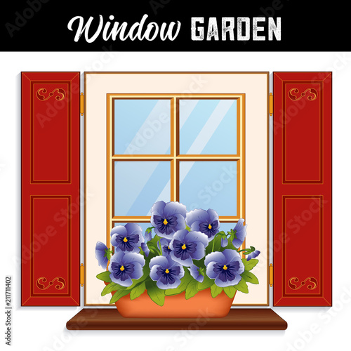 Window Flower Garden with blue sky pansies in clay planter on a wooden shelf, window pane, red shutters with scroll decoration.