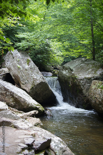 River Water Flowing Through Moss Covered Rocks in Jefferson National Forest in Giles, Virginia in Summer