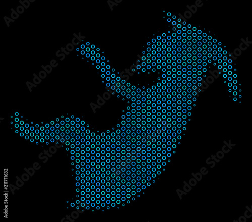 Halftone Alien embryo collage icon of circle elements in blue color tinges on a black background. Vector circle bubbles are grouped into alien embryo mosaic.
