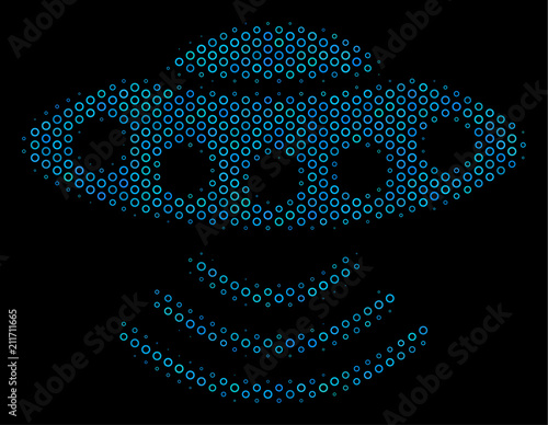 Halftone Alien invasion composition icon of circle bubbles in blue color hues on a black background. Vector circle bubbles are united into alien invasion composition.