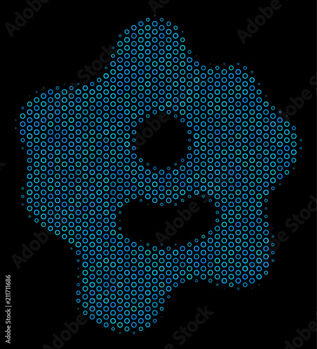 Halftone Amoeba mosaic icon of circle elements in blue color tints on a black background. Vector circle bubbles are arranged into amoeba illustration.