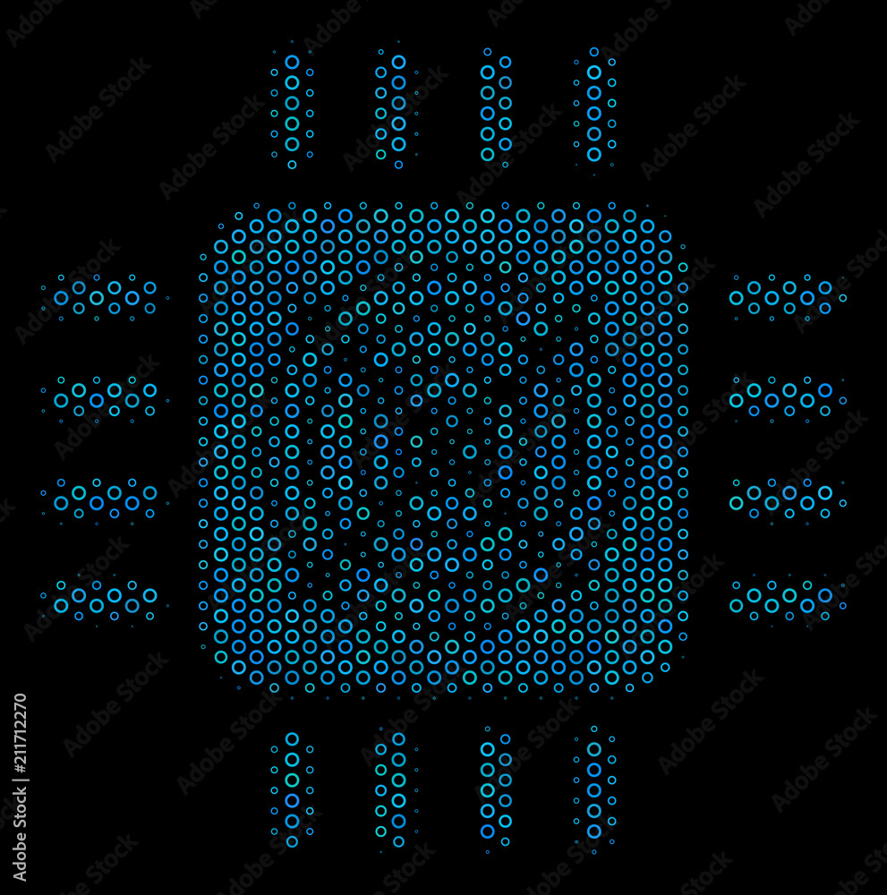 Halftone ASIC processor mosaic icon of empty circles in blue color hues ...