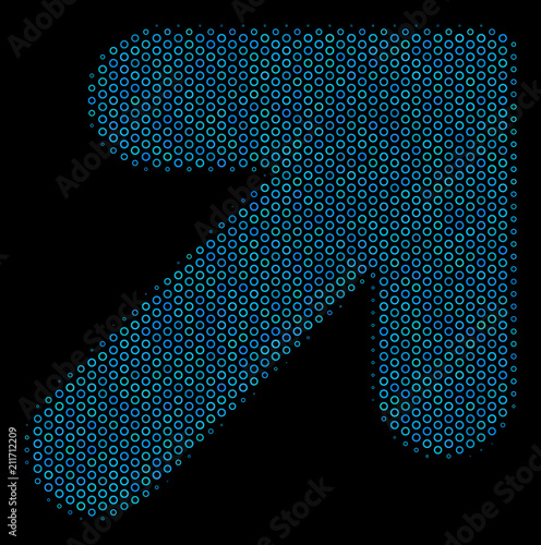 Halftone Arrow up right mosaic icon of circle bubbles in blue color tints on a black background. Vector circle bubbles are arranged into arrow up right composition.