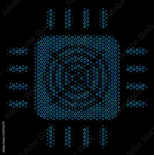 Halftone ASIC processor mosaic icon of empty circles in blue color hues on a black background. Vector empty circles are arranged into ASIC processor composition.