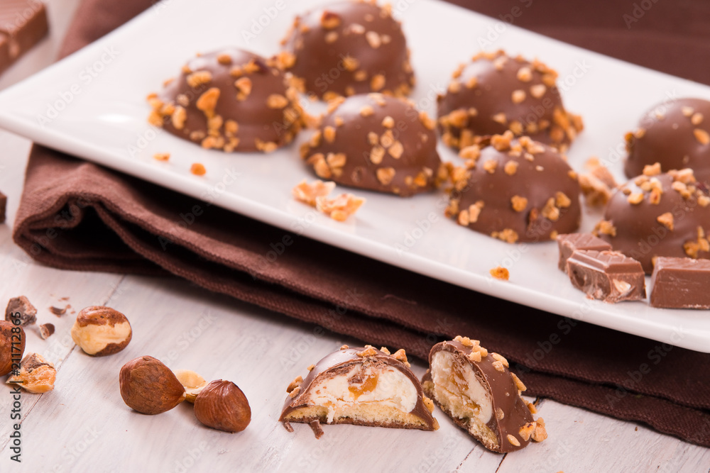 Chocolate truffles with caramel cream filling. Chocolate truffles with caramel cream filling.