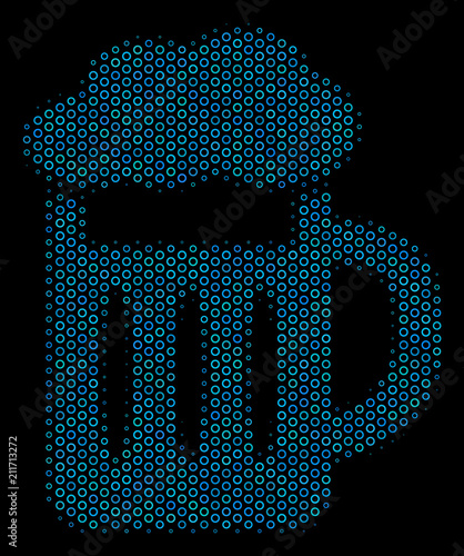 Halftone Beer glass composition icon of spheres in blue shades on a black background. Vector bubble spheres are arranged into beer glass composition.