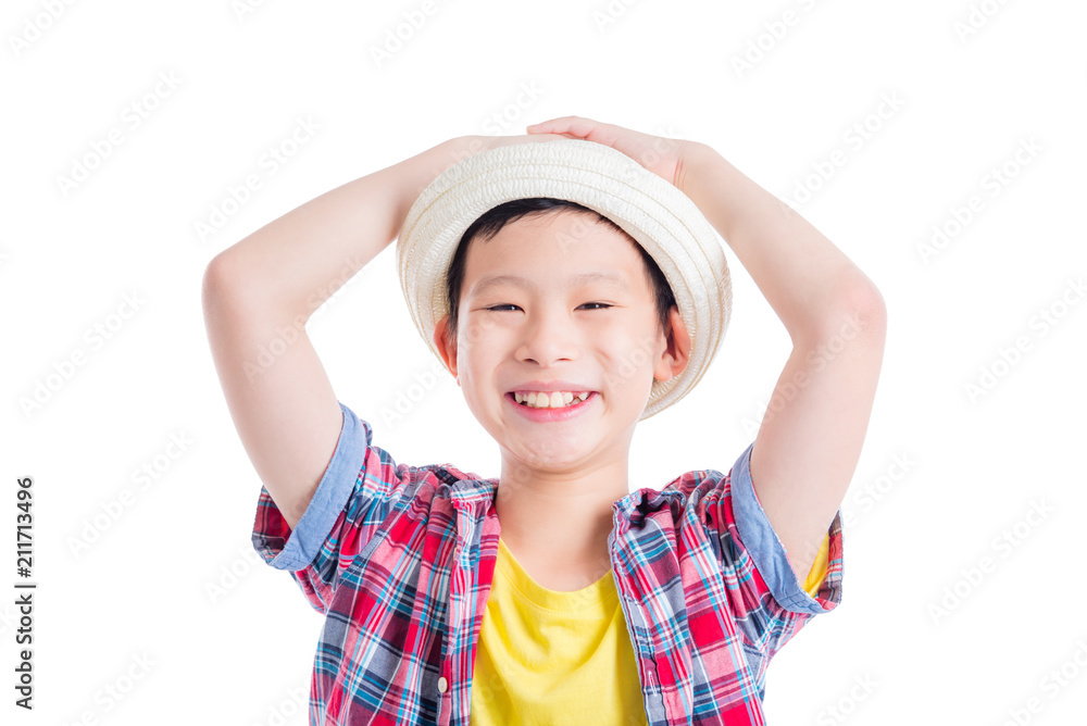 Young asian boy wearing hat and smiles over white background Young asian boy wearing hat and smiles over white background