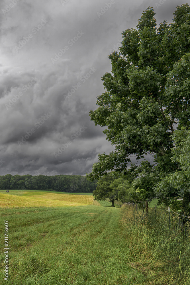 Dark Clouds approaching tranquil farmland