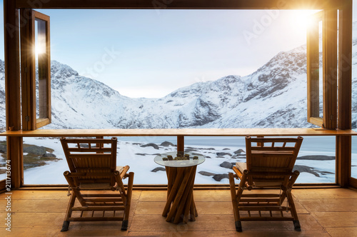 Cafe bar and Mountain view. photo