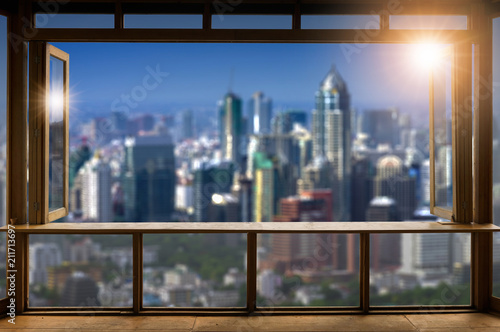 Cafe with city view.