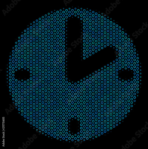 Halftone Clock mosaic icon of spheres in blue color hues on a black background. Vector round spheres are arranged into clock mosaic.