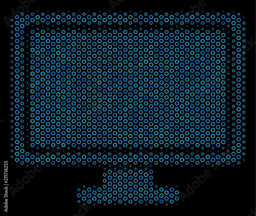 Halftone Computer display mosaic icon of circle elements in blue color tints on a black background. Vector empty circles are organized into computer display mosaic.