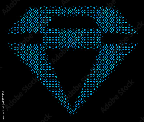 Halftone Diamond mosaic icon of circle bubbles in blue shades on a black background. Vector circle bubbles are arranged into diamond mosaic.