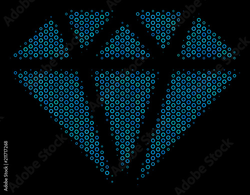 Halftone Diamond collage icon of spheres in blue color hues on a black background. Vector round spheres are composed into diamond collage.