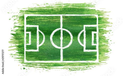 hand drawn paintbrush soccer field or football field of green watercolor brush stroke painting isolated on white
