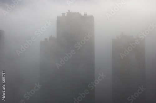 City buildings in heavy fog  Saint Petersburg  Russia