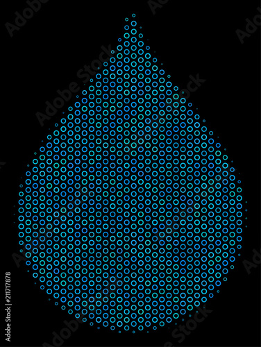 Halftone Drop composition icon of circle elements in blue shades on a black background. Vector circle bubbles are united into drop illustration.