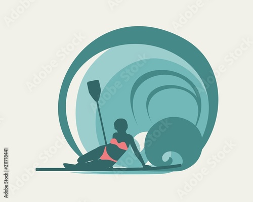 Woman posing with surfboard and paddle. Vintage surfing graphic and emblem for web design or print. Stand up paddle boarding