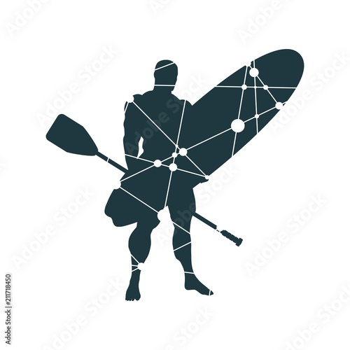 Man posing with surfboard and paddle. Vintage surfing graphic and emblem for web design or print. Stand up paddle boarding. Silhouette textured by lines and dots pattern